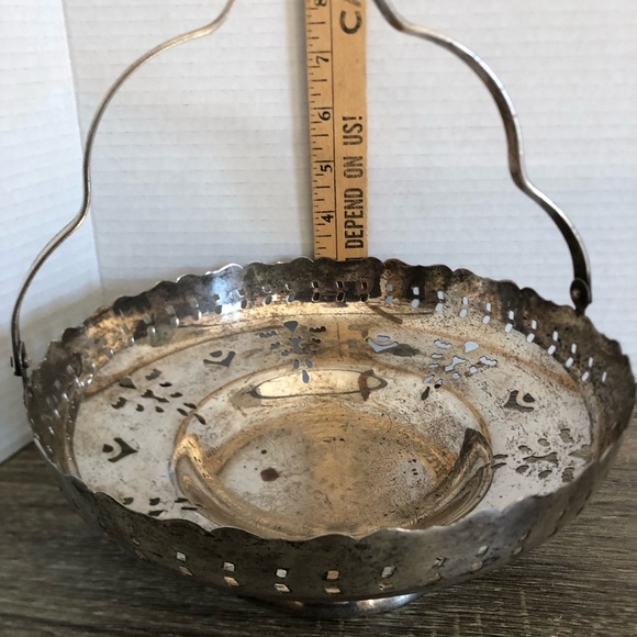 Vtg Silver Decorative Basket with Handle and Etched Design - Picture 5 of 13